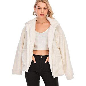 Women White Casual Fleece Faux Shearling Coat Lapel Zipper Warm Oversized Winter